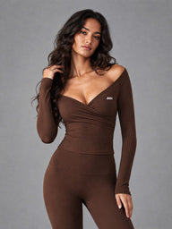 Luxe Off Shoulder Wrap Top in Brown – women's off shoulder wrap crop top
