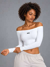 Aria-Off Shoulder Top in White – women's off shoulder long sleeve yoga top