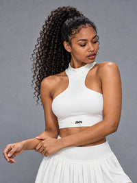 Lina-Asym Cut Top in White – women's asymmetric halter crop top