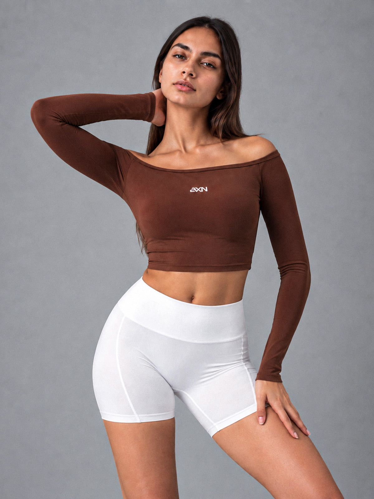Nora-Off Shoulder Top in Brown – women's quick dry off shoulder top