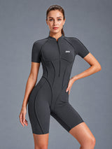 Mira-Zip Active Suit in Gray – women's short sleeve zip jumpsuit