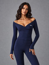 Luxe Off Shoulder Wrap Top in Blue – women's off shoulder wrap crop top