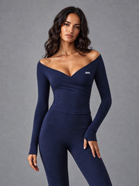Luxe Off Shoulder Wrap Top in Blue – women's off shoulder wrap crop top