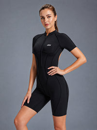 Mira-Zip Active Suit in Black – women's short sleeve zip jumpsuit