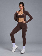 Sculpt Fitness Set in Brown – women's 3 piece zip jacket workout set