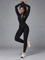 Nora-Zip Sculpt Suit in Black – women's long sleeve zip yoga bodysuit