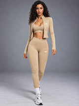 3-Piece Active Set in Beige – women's 3 piece zip jacket & leggings set