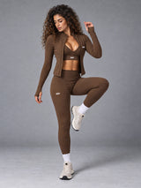 Core Fitness Set in Brown – women's 3 piece jacket, bra & leggings set
