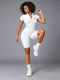 Mira-Zip Fit Jumpsuit in White – women's seamless zip yoga jumpsuit
