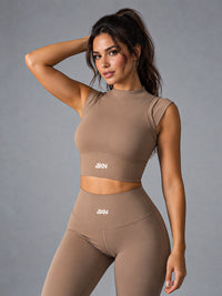 Celia-High Neck Top in Coffee – women's high neck seamless sports bra
