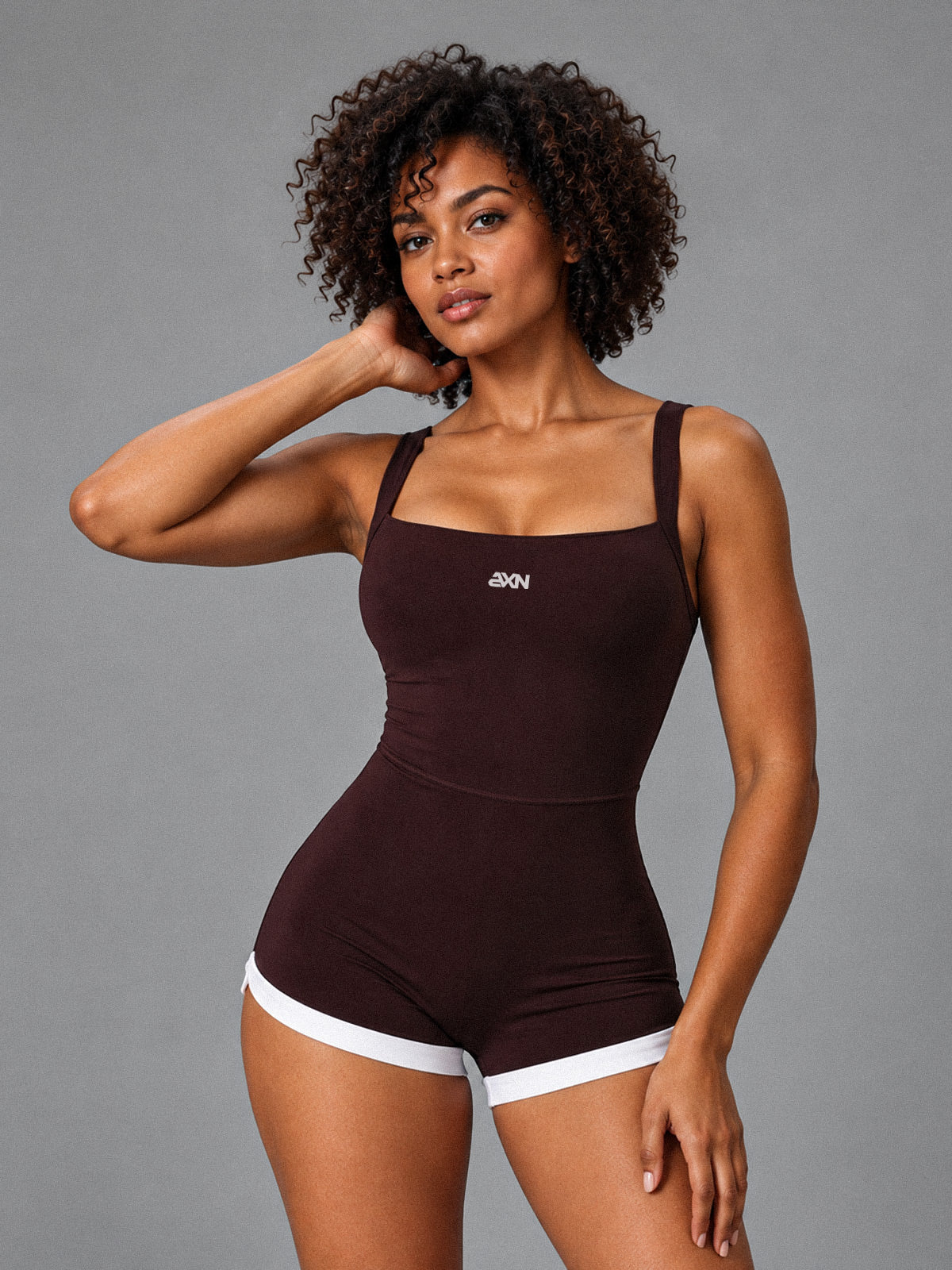 Sculpt Square Neck Romper in Brown – women's square neck yoga jumpsuit