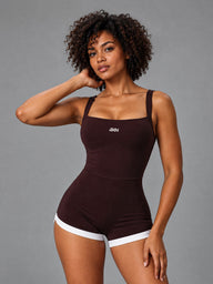 Sculpt Square Neck Romper in Brown – women's square neck yoga jumpsuit