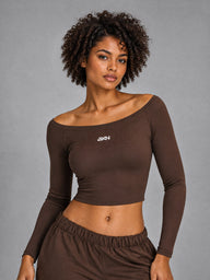 Aria-Off Shoulder Top in Coffee – women's off shoulder long sleeve yoga top