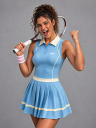 Luxe Pleated Tennis Dress in Blue – women's collared tennis dress