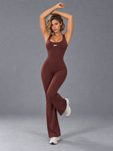 Isla-Stretch Flare Suit in Brown – women's scrunch back flare jumpsuit