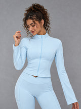 Luxe Zip Activewear Jacket in Blue – women's fitted zip workout jacket
