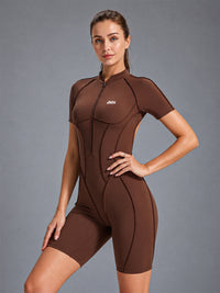 Mira-Zip Active Suit in Brown – women's short sleeve zip jumpsuit