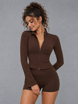 Luxe Zip Activewear Jacket in Brown – women's fitted zip workout jacket
